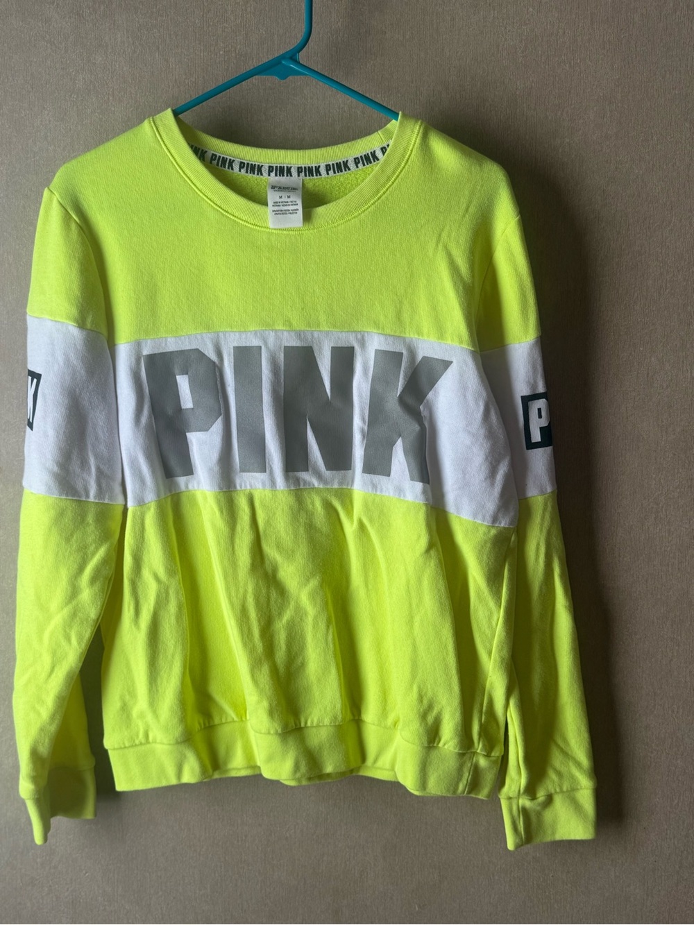 PINK Victoria's Secret Neon Yellow Colorblock Crewneck Sweatshirt - Womens